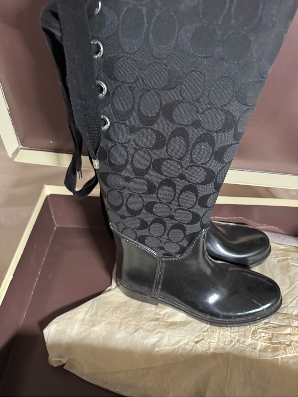 Coach Black Signature Over-the-Knee Logo Rain Boots